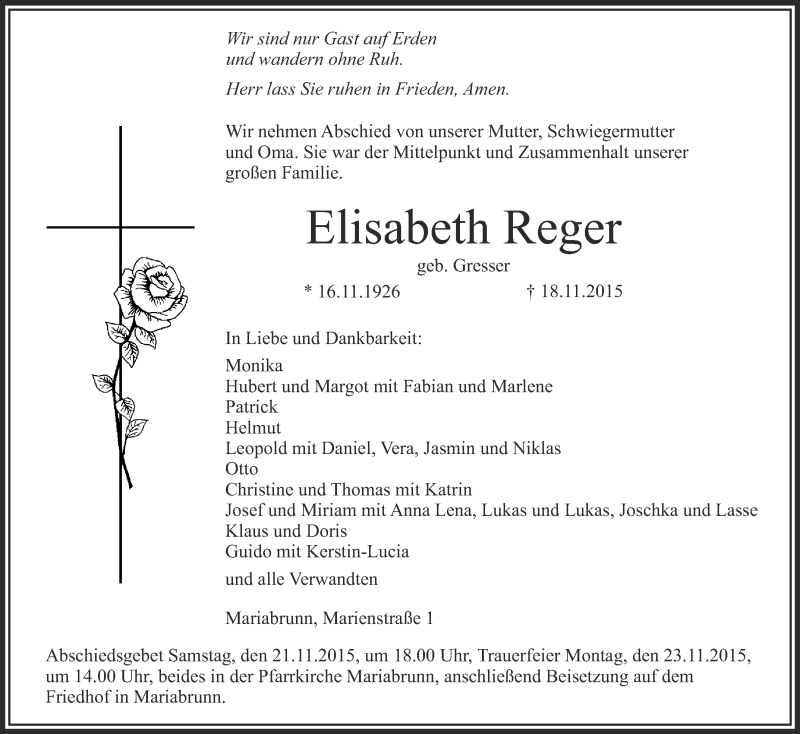  Traueranzeige für Elisabeth Reger vom 20.11.2015 aus Schwäbische Zeitung