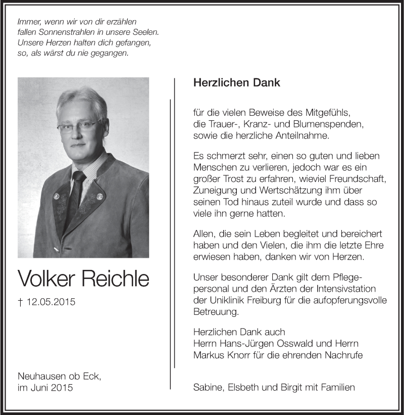  Traueranzeige für Volker Reichle vom 06.06.2015 aus Schwäbische Zeitung