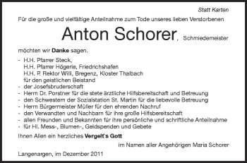Anzeige von Anton Schorer von Schwäbische Zeitung