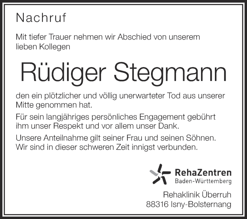 Traueranzeigen Von R Diger Stegmann Schwaebische De Trauerportal