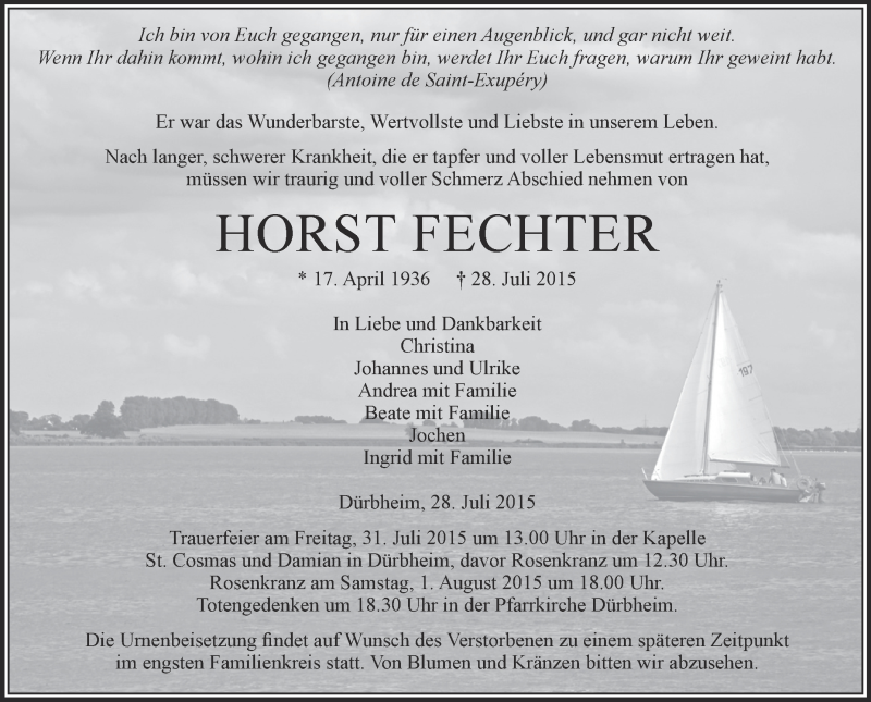  Traueranzeige für Horst Fechter vom 29.07.2015 aus Schwäbische Zeitung