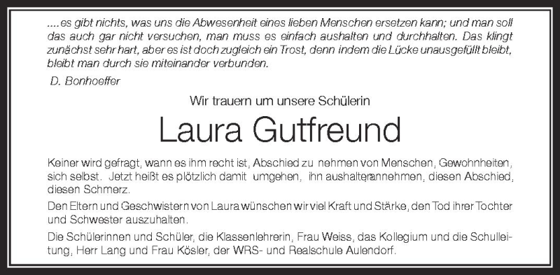 Traueranzeigen Von Laura Gutfreund Schwaebische De Trauerportal