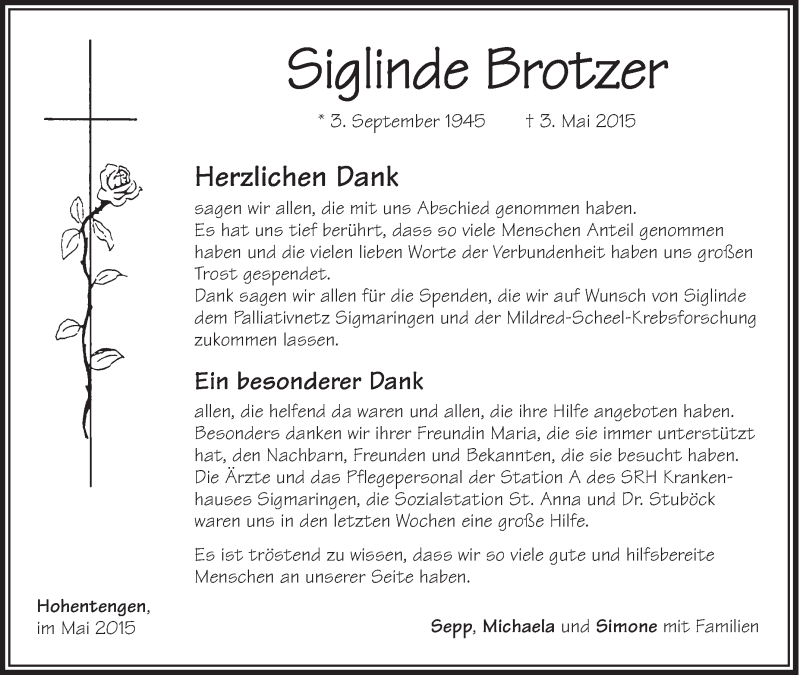 Traueranzeigen Von Siglinde Brotzer Schwaebische De Trauerportal