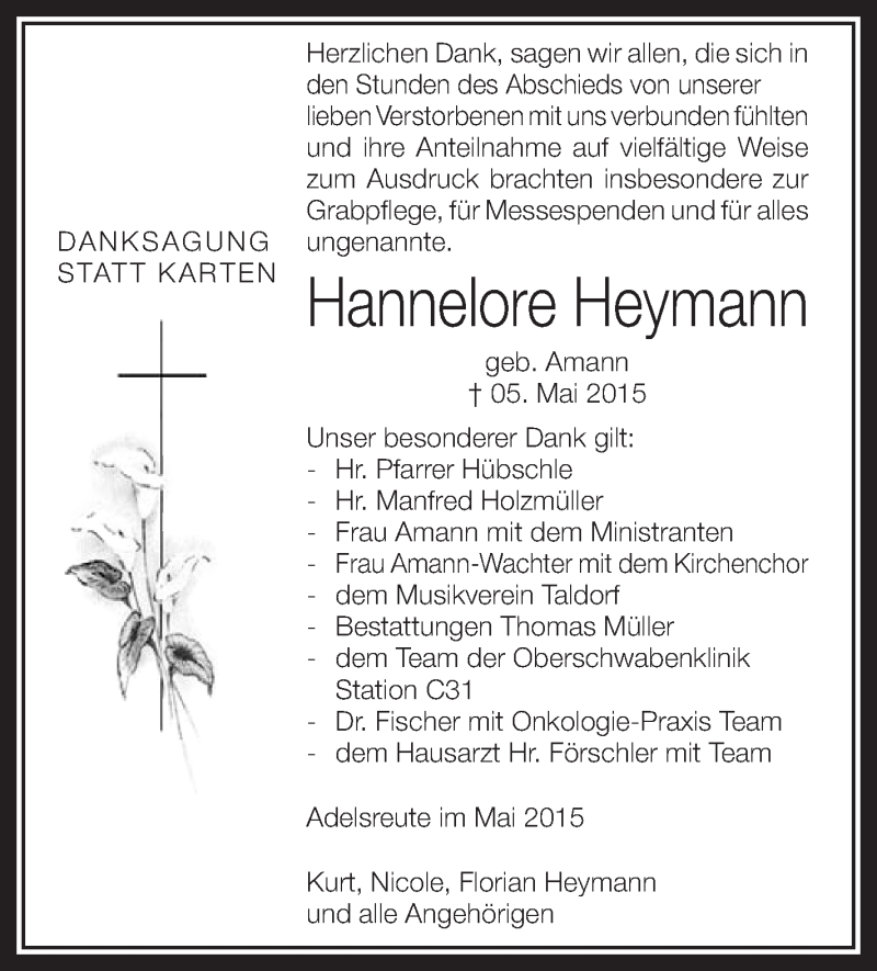  Traueranzeige für Hannelore Heymann vom 23.05.2015 aus Schwäbische Zeitung