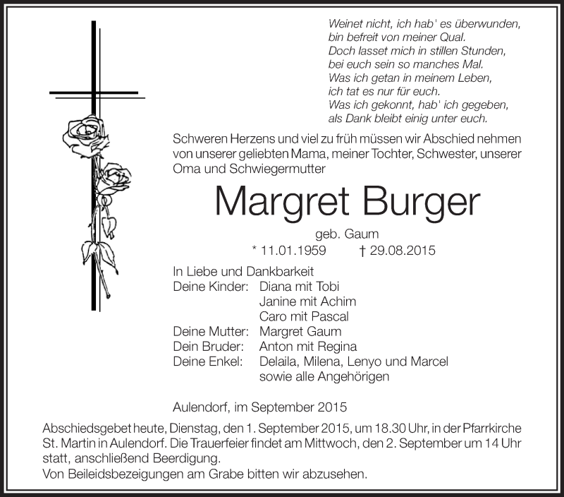 Traueranzeige für Margret Burger vom 01.09.2015 aus Schwäbische Zeitung