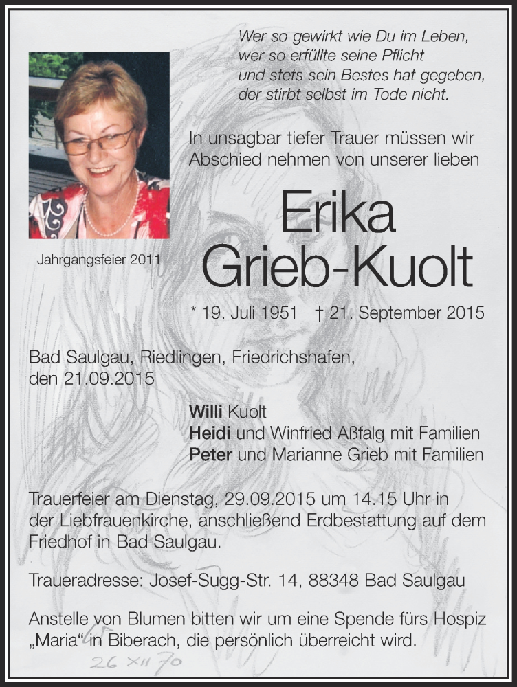 Traueranzeige für Erika Grieb-Kuolt vom 26.09.2015 aus Schwäbische Zeitung