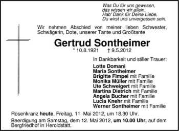 Anzeige von Gertrud Sontheimer von Schwäbische Zeitung