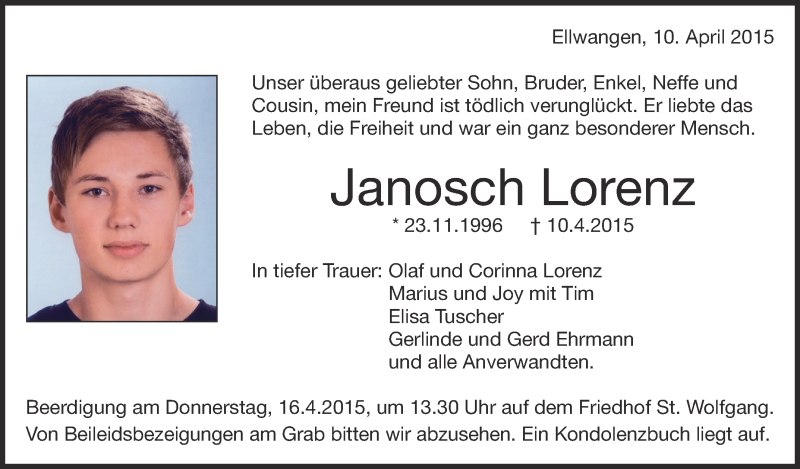 Traueranzeige für Janosch Lorenz vom 11.04.2015 aus Schwäbische Zeitung