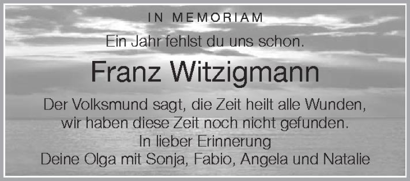  Traueranzeige für Franz Witzigmann vom 08.05.2012 aus Schwäbische Zeitung