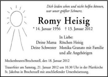 Anzeige von Romy Heisig von Schwäbische Zeitung