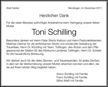 Anzeige von Toni Schilling von Schwäbische Zeitung