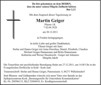 Anzeige von Martin Geiger von Schwäbische Zeitung