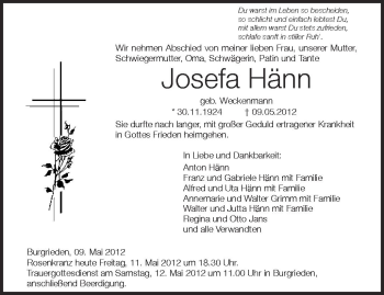 Anzeige von Josefa Hähn von Schwäbische Zeitung