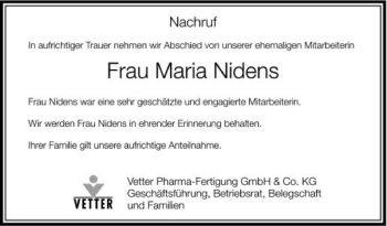 Anzeige von Maria Nidens von Schwäbische Zeitung