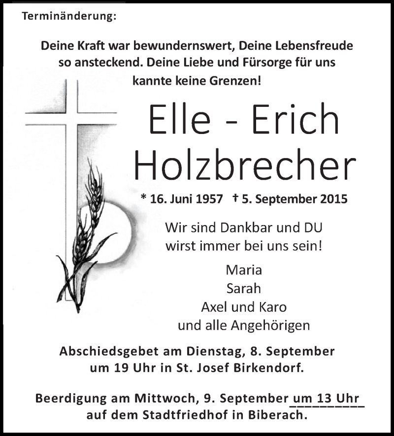  Traueranzeige für Erich Holzbrecher vom 08.09.2015 aus Schwäbische Zeitung