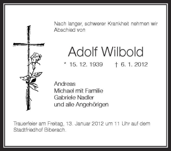 Anzeige von Adolf Wilbold von Schwäbische Zeitung