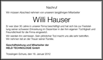 Anzeige von Willi Hauser von Schwäbische Zeitung