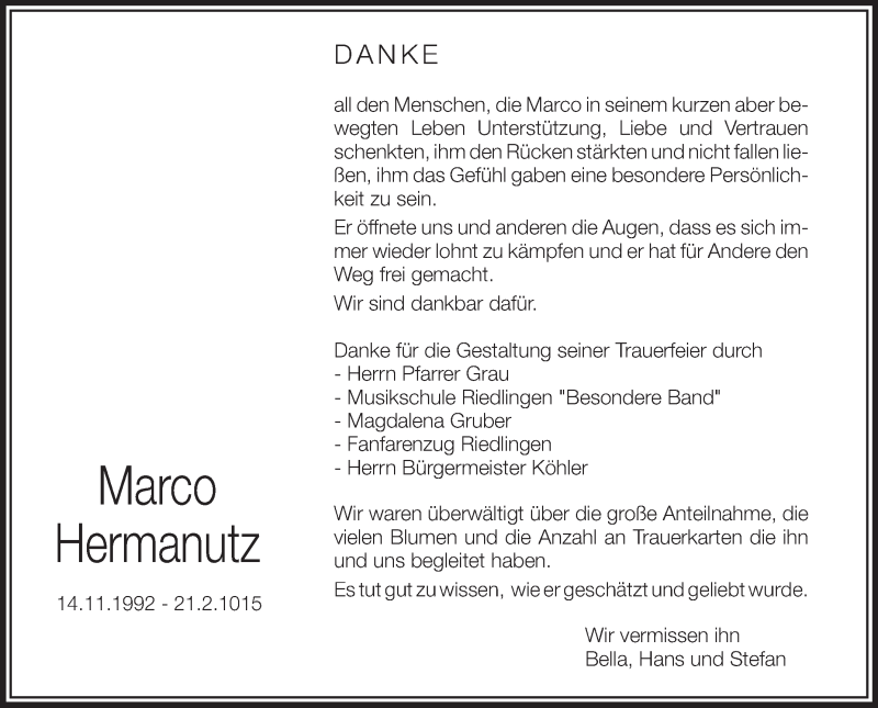  Traueranzeige für Marco Hermanutz vom 05.03.2015 aus Schwäbische Zeitung