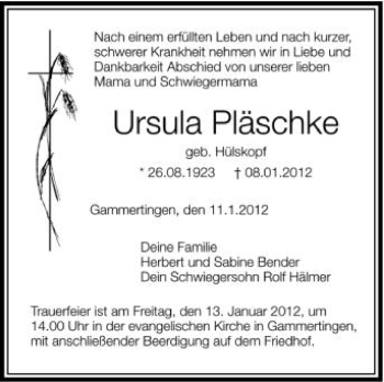 Anzeige von Ursula Pläschke von Schwäbische Zeitung