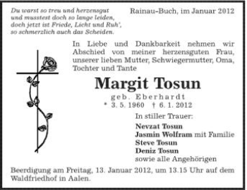 Anzeige von Margit Tosum von Schwäbische Zeitung