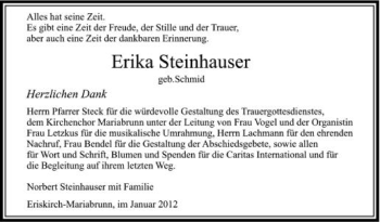 Anzeige von Erika Steinhauser von Schwäbische Zeitung
