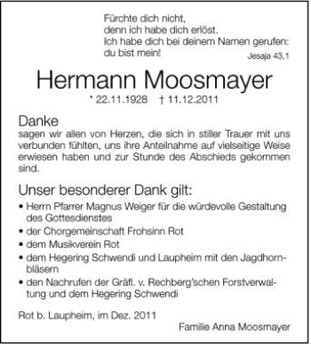 Anzeige von Hermann Moosmayer von Schwäbische Zeitung