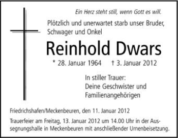 Anzeige von Reinhold Dwars von Schwäbische Zeitung