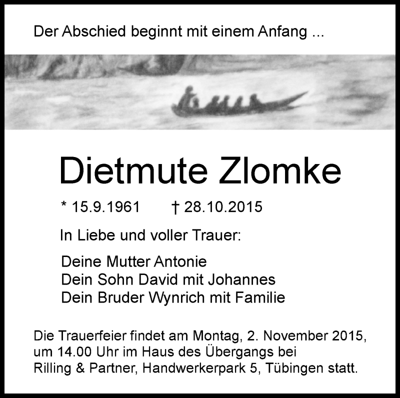 Traueranzeige für Dietmute Zlomke vom 30.10.2015 aus Schwäbische Zeitung