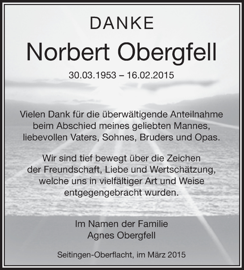  Traueranzeige für Norbert Obergfell vom 07.03.2015 aus Schwäbische Zeitung