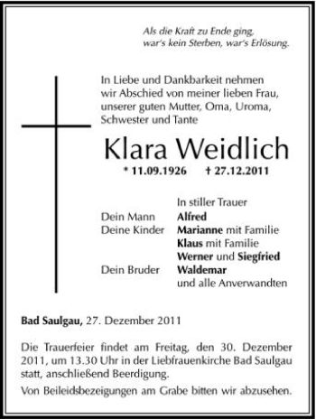 Anzeige von Klara  Weidlich von Schwäbische Zeitung
