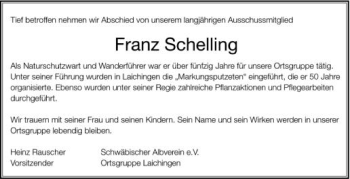 Anzeige von Franz Schelling von Schwäbische Zeitung