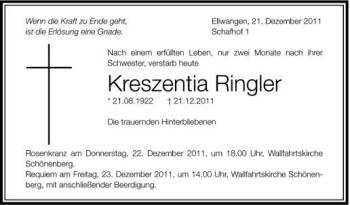 Anzeige von Kreszentia Ringler von Schwäbische Zeitung