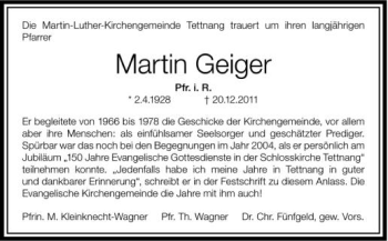Anzeige von Martin Geiger von Schwäbische Zeitung