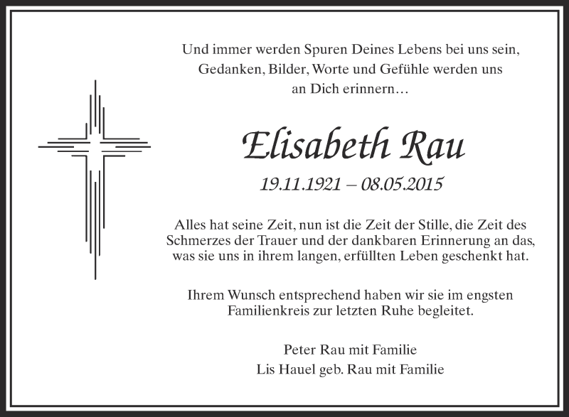  Traueranzeige für Elisabeth Rau vom 28.05.2015 aus Schwäbische Zeitung