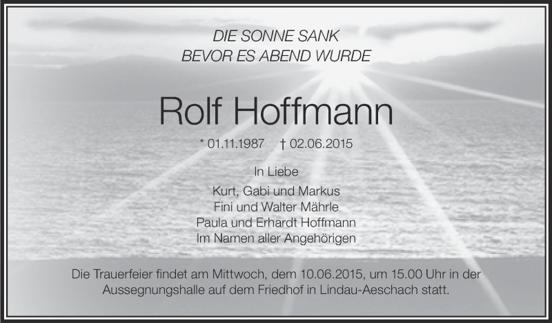  Traueranzeige für Rolf Hoffmann vom 08.06.2015 aus Schwäbische Zeitung