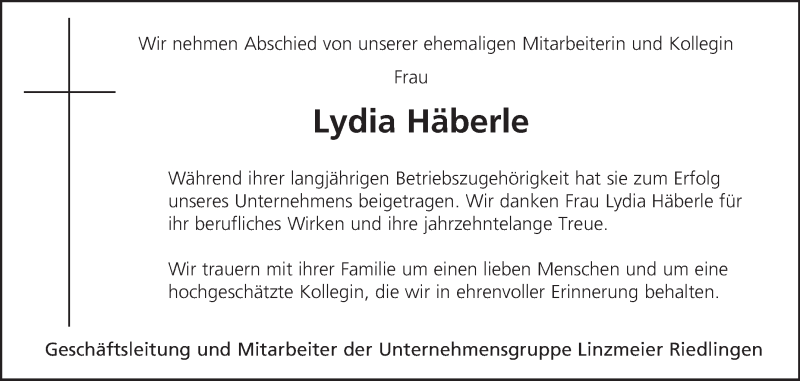 Traueranzeigen von Lydia Häberle schwaebische de Trauerportal