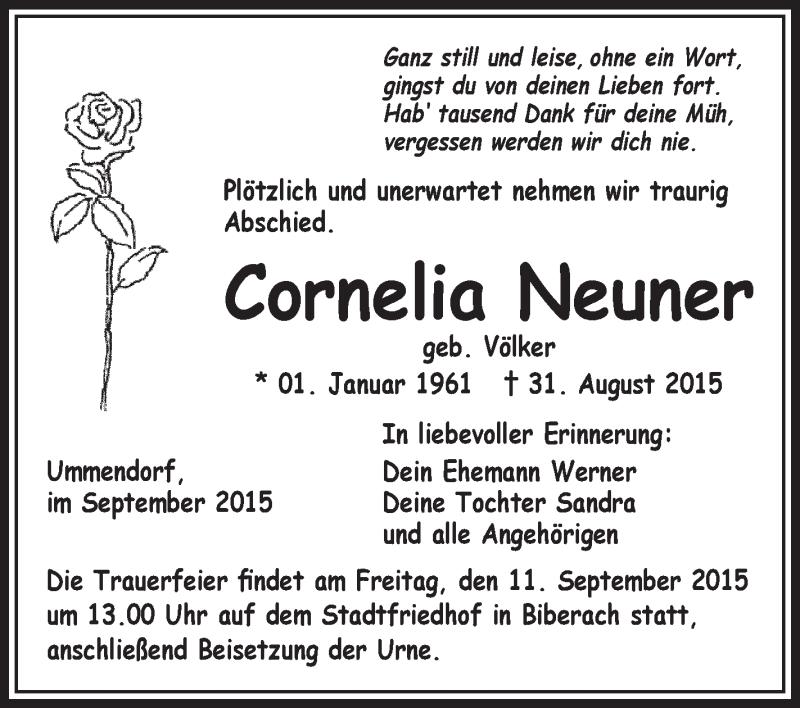  Traueranzeige für Cornelia Neuner vom 05.09.2015 aus Schwäbische Zeitung