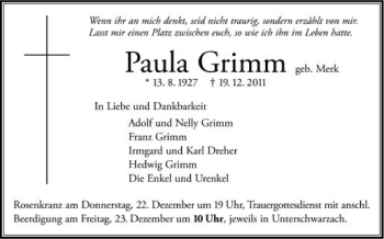 Anzeige von Paula Grimm von Schwäbische Zeitung