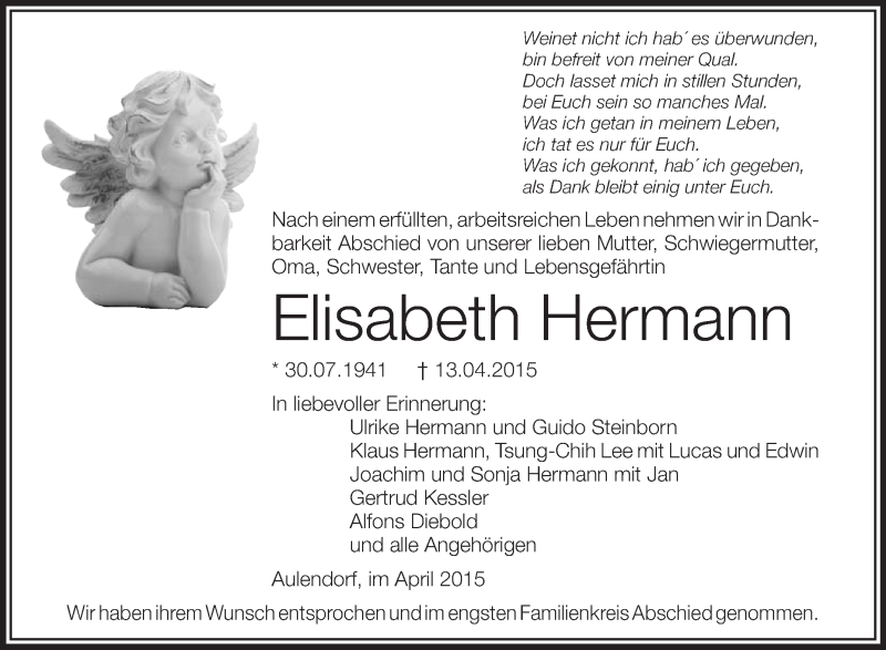 Traueranzeige für Elisabeth Hermann vom 21.04.2015 aus Schwäbische Zeitung