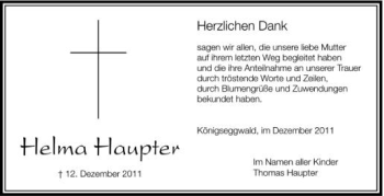Anzeige von Helma Haupter von Schwäbische Zeitung