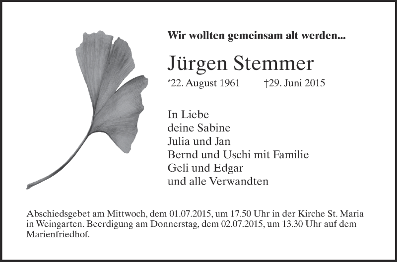  Traueranzeige für Jürgen Stemmer vom 01.07.2015 aus Schwäbische Zeitung