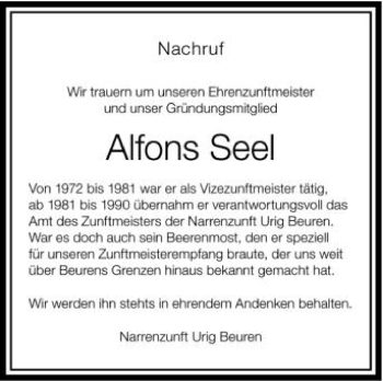 Anzeige von Alfons Seel von Schwäbische Zeitung