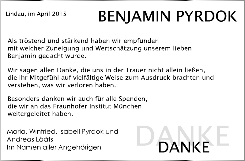  Traueranzeige für Benjamin Pyrdok vom 23.04.2015 aus Schwäbische Zeitung