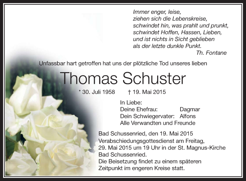  Traueranzeige für Thomas Schuster vom 26.05.2015 aus Schwäbische Zeitung