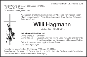 Traueranzeigen Von Willi Hagmann Schwaebische De Trauerportal