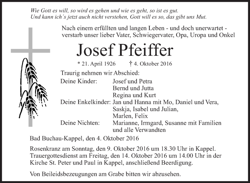 Traueranzeigen Von Josef Pfeiffer Schwaebische De Trauerportal