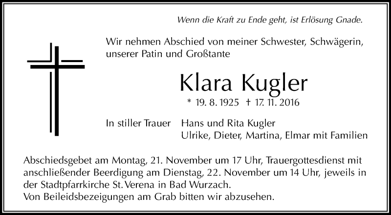 Traueranzeigen Von Klara Kugler Schwaebische De Trauerportal