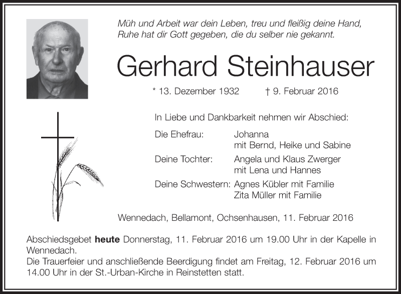 Traueranzeigen Von Gerhard Steinhauser Schwaebische De Trauerportal