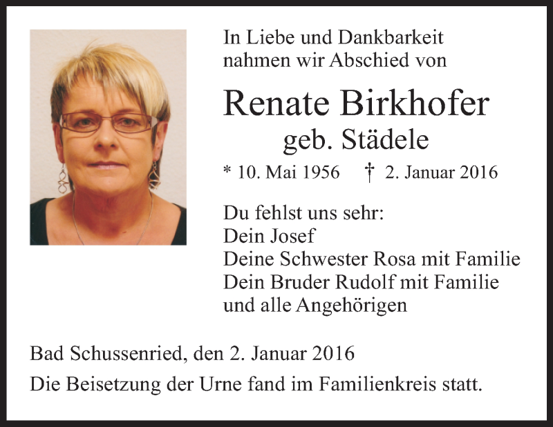 Traueranzeigen Von Renate Birkhofer Schwaebische De Trauerportal