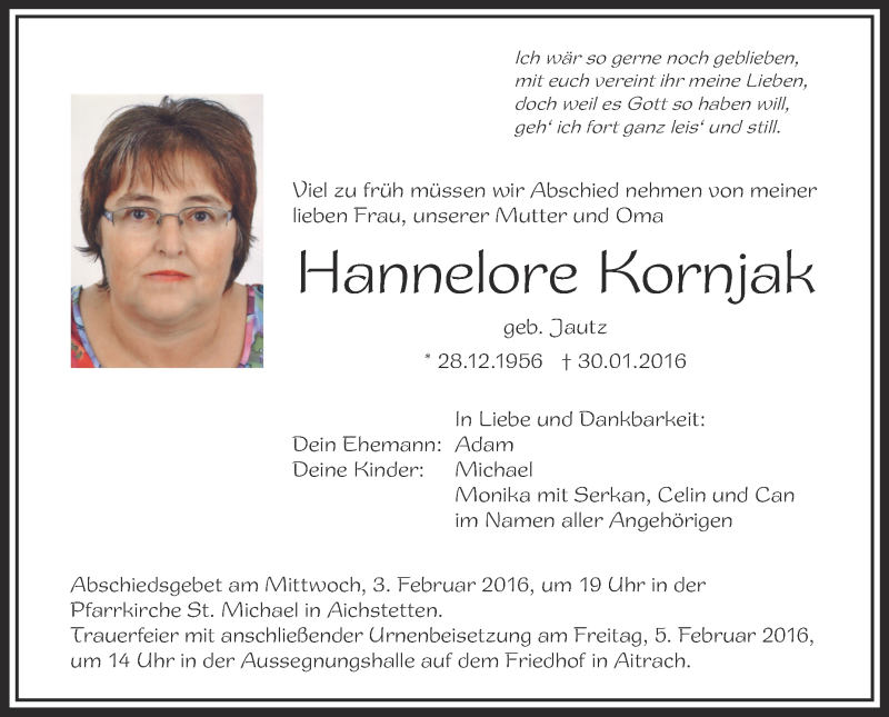  Traueranzeige für Hannelore Kornjak vom 02.02.2016 aus Schwäbische Zeitung